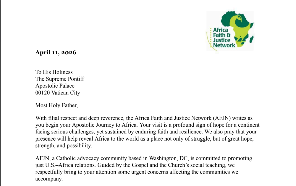 Press Release: AFJN Letter to Pope Leo XIV Ahead of Visit to Africa Highlighting Key Concerns